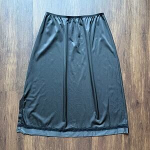 Vintage Lorraine Black Nylon Slip Skirt Lace Hem Made in USA Large